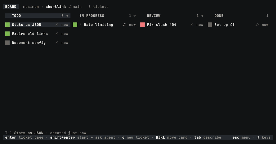 Starting an agent from the board, answering it from the ticket page, and merging its branch