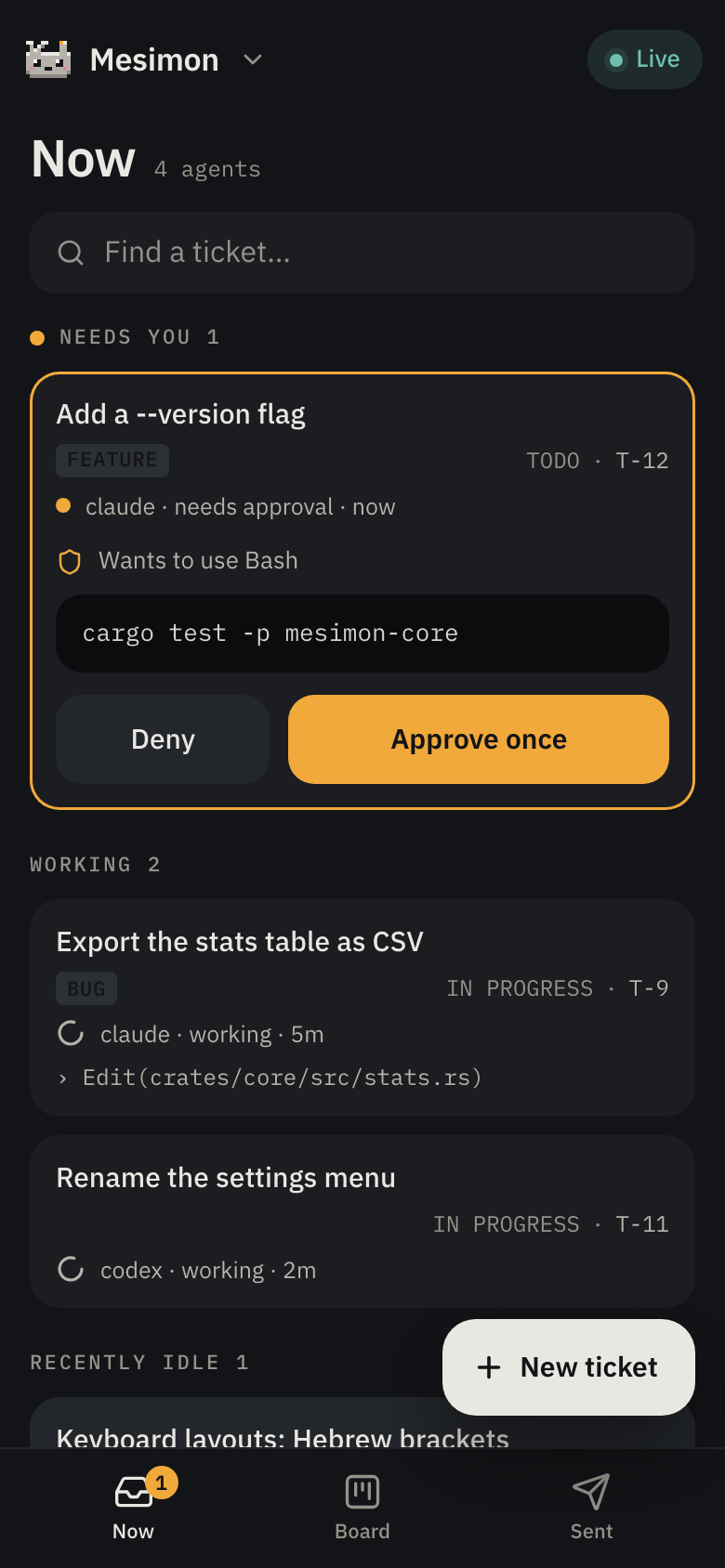 Remote Control on a phone: the Now screen, a permission request on a card with Deny and Approve once under it, and two working agents below
